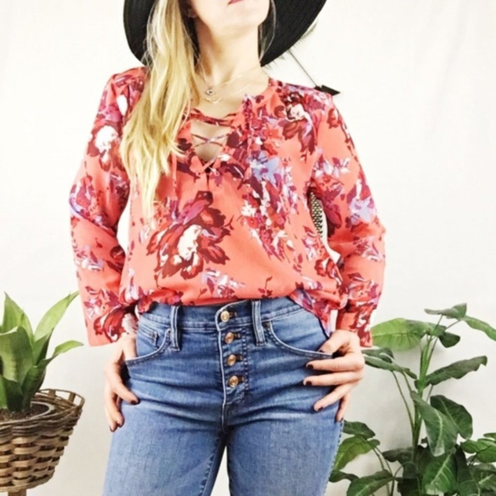 Lucky Brand sheer floral lace up peasant blouse